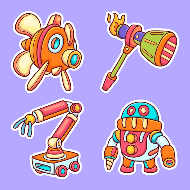 Gratis vector robot speelgoed sticker pictogrammen hand getekende kleur vector