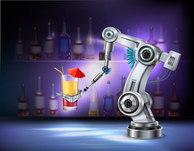 Robotachtige wapen dienende cocktail bij de realistische samenstelling van het barcafé restaurant met binnen wijnflessen