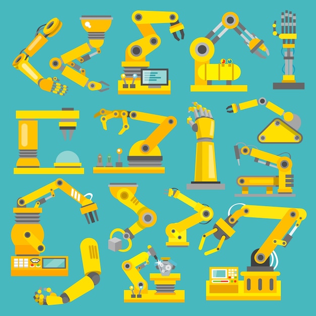 Gratis vector robotic arm fabricage technologie industrie assemblage mechanic plat decoratieve pictogrammen set geïsoleerde vector illustratie