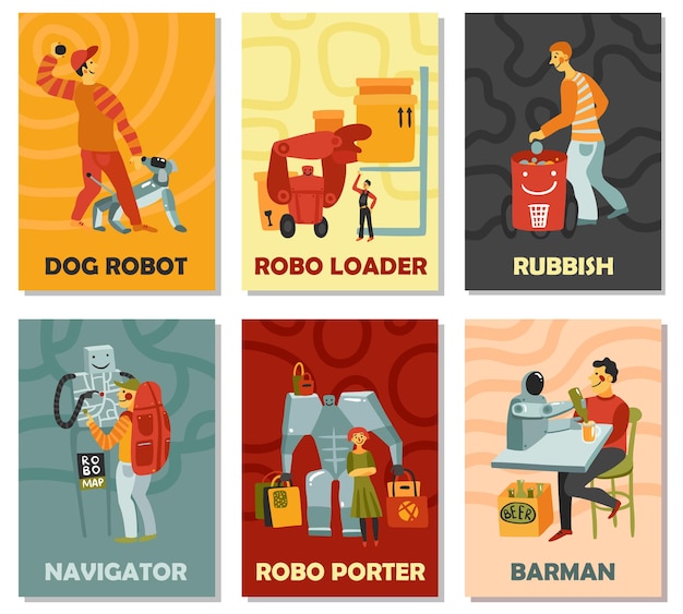 Robots met takenhond, vuilnisbak, navigator, barman, portier, verticale kaarten op kleurenachtergrond geïsoleerde vectorillustratie