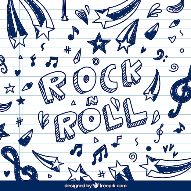 Gratis vector rock and roll achtergrond met schetsen van muzieknoten