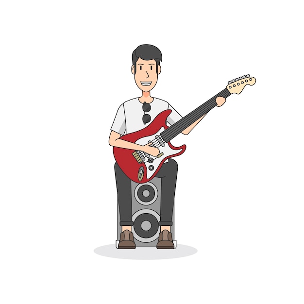 Gratis vector rock-'n-roll gitarist zittend op een luidspreker