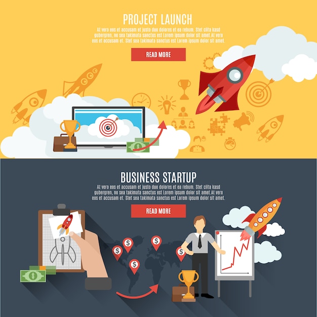 Gratis vector rocket start banners met interactief webpagina-ontwerp