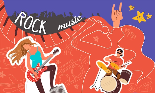 Gratis vector rockmuziek kleurencollage met mannelijke en vrouwelijke muzikanten platte vectorillustratie