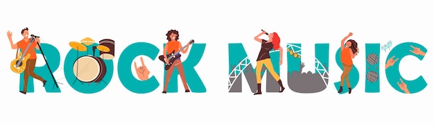 Gratis vector rockmuziek platte tekstcompositie met mensen die muziekinstrumenten bespelen die zingen en dansen op concert vectorillustratie