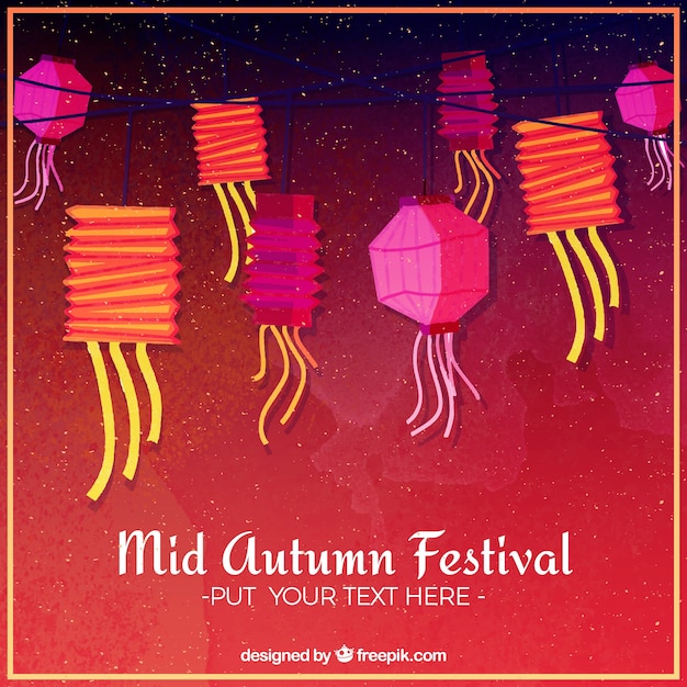 Gratis vector rode achtergrond met kleurrijke lantaarns, midden herfst festival