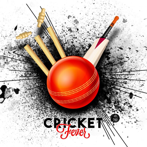 Rode Bal slaan de wicket stumps met vleermuis op zwarte abstracte splash achtergrond voor Cricket Fever concept.