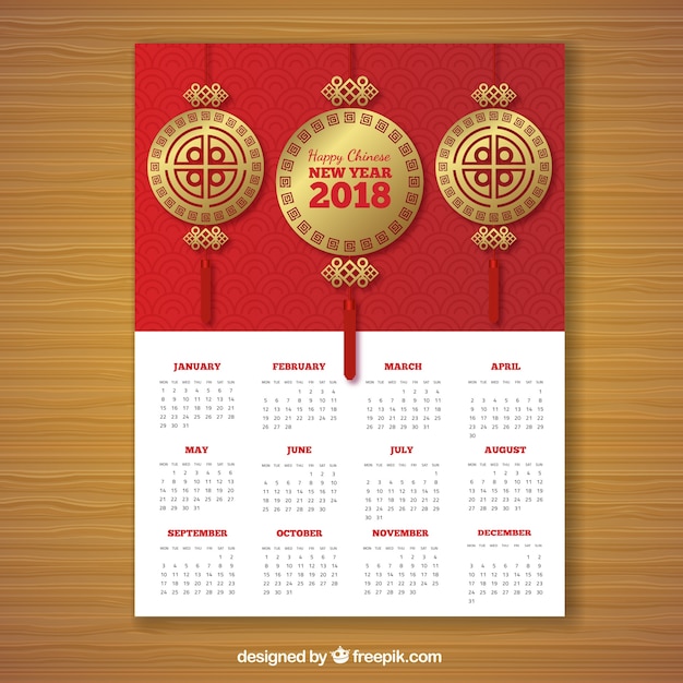 Gratis vector rode en gouden chinese het nieuwjaarkalender van 2018