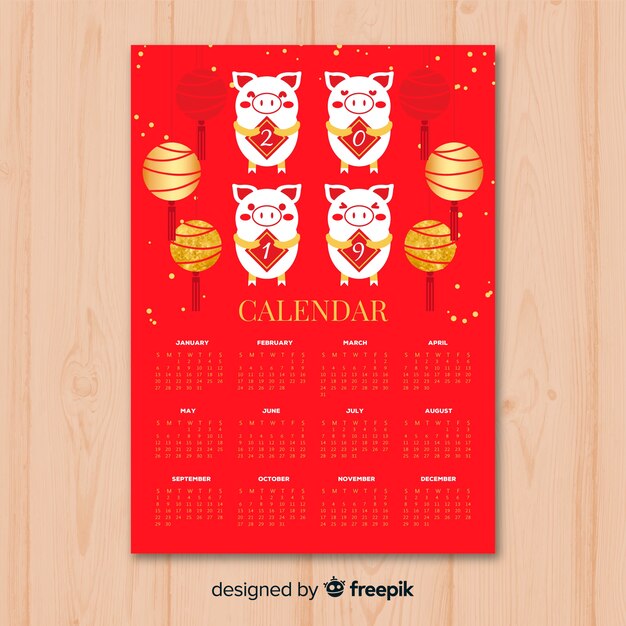 Rode en gouden chinese nieuwe jaar 2019 kalender