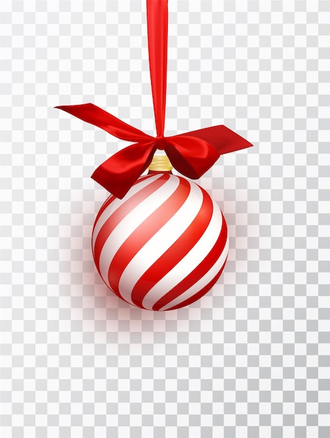 Gratis vector rode kerstbal met witte diagonale strepen die op een lint hangen met een rode weelderige strik geïsoleerd op een transparante achtergrond.