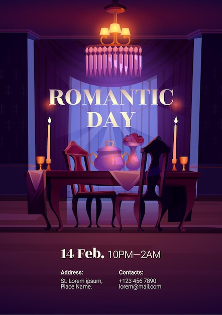 Romantisch diner voor een stel op date. cartoon poster met eettafel, stoelen, kaarsen, bloemen en kroonluchter in lege restaurantruimte