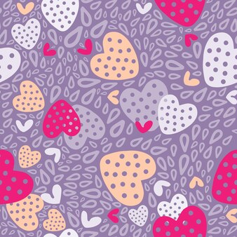 Romantisch patroon met roze en oranje hartjes en doodles op een grijze achtergrond. vector illustratie. patroon voor valentijnsdag
