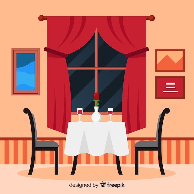 Gratis vector romantisch restaurantinterieur met plat ontwerp