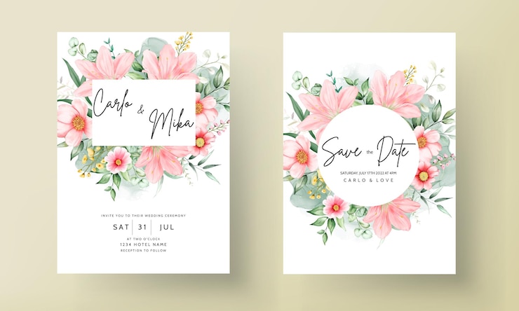 Gratis Vector romantische aquarel bloemen bruiloft uitnodiging sjabloon