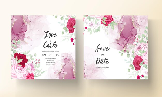 Romantische rode en roze bloemen bruiloft uitnodiging sjabloon met alcohol inkt achtergrond