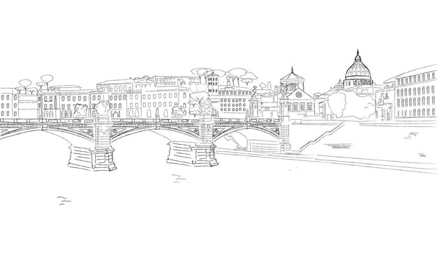 Rome stad vector schets Vintage stijl met St Angelo brug over de rivier de Tiber