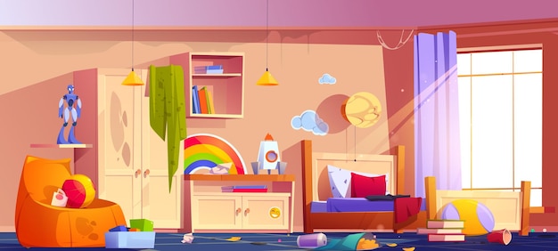 Rommelige tienerkamer met vuile meubels vector cartoon illustratie van slordige slaapkamer met spinnenweb op plafond junkfood restjes papieren bekertjes afval en speelgoed verspreid over de vloer bevlekte deken