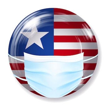 Ronde glazen knop in amerikaanse vlagkleuren met een medisch wegwerpmasker ter bescherming van het coronavirus