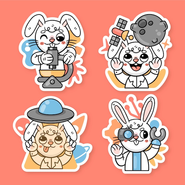 Gratis vector ronnie het konijntje wetenschapper stickerset