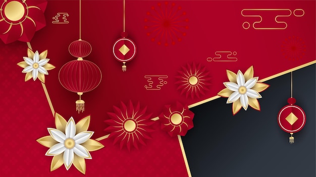 Rood en goud gelukkig chinees nieuwjaar festival banner achtergrondontwerp. chinese china rode en gouden achtergrond met lantaarn, bloem, boom, symbool en patroon. rode en gouden papercut chinese sjabloon