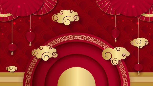 Rood en goud gelukkig chinees nieuwjaar festival banner achtergrondontwerp. chinese china rode en gouden achtergrond met lantaarn, bloem, boom, symbool en patroon. rode en gouden papercut chinese sjabloon
