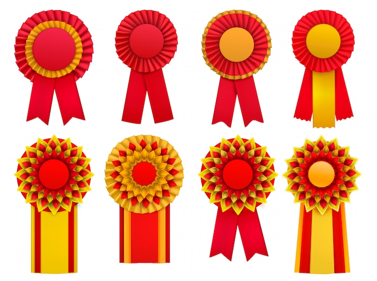 Gratis Vector rood goudgeel decoratieve medaille kent circulaire rozetten badges reversspelden met linten realistische set toe