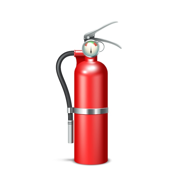 Rood realistisch brandblusapparaat dat op witte achtergrond wordt geïsoleerd