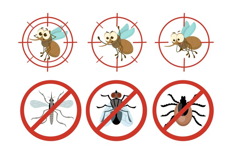 Gratis Vector rood verbodsbord met insecten cartoon afbeelding set. stop of anti-mug teken, teek, vliegen, bloedzuigers gevaar waarschuwingssignaal, mug doelwit. malaria, epidemie, besmettingsconcept