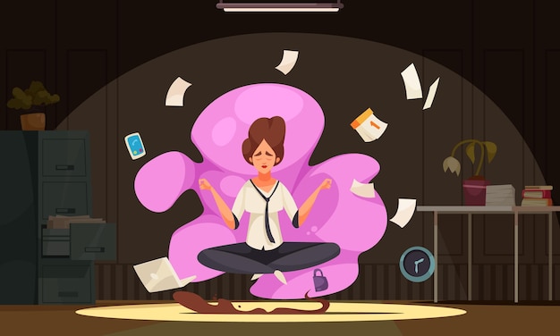 Gratis vector roodharige vrouw mediteren in kantoor in yoga lotus pose gehuld in roze wolk cartoon samenstelling vectorillustratie