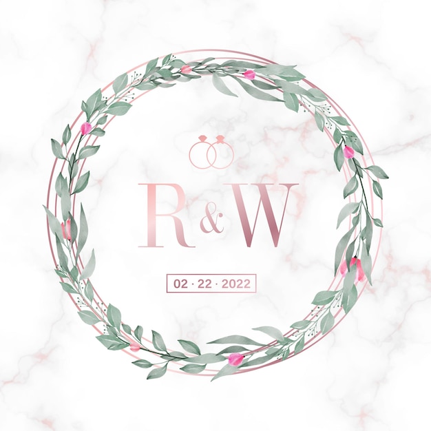 Gratis vector rose gouden cirkelframe met bloemen op marmer voor bruiloft monogram logo en uitnodigingskaart