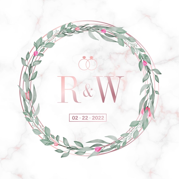 Rose gouden cirkelframe met bloemen op marmer voor bruiloft monogram logo en uitnodigingskaart