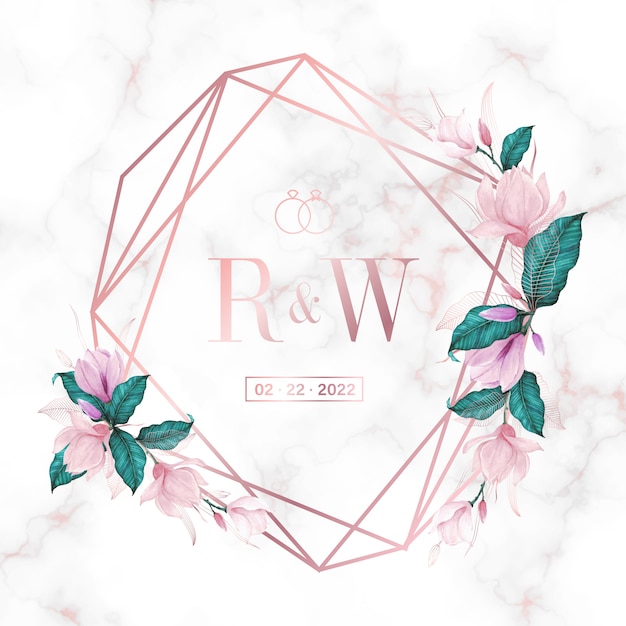 Rose gouden geometrische frame met bloemen op marmeren achtergrond voor bruiloft monogram logo en uitnodigingskaart