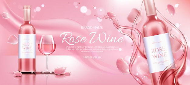 Gratis vector rose wijnfles en glas reclame promo banner