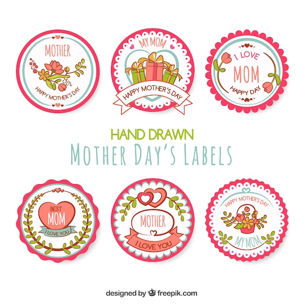 Gratis vector round labels in de hand getekende stijl voor moederdag