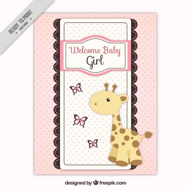 Gratis vector roze baby shower kaart met giraffe