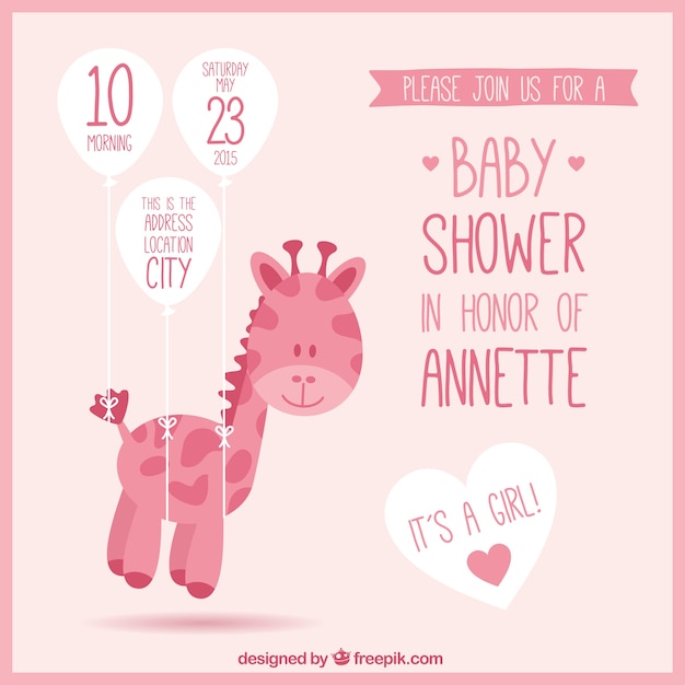 Gratis vector roze baby shower uitnodiging met een giraf