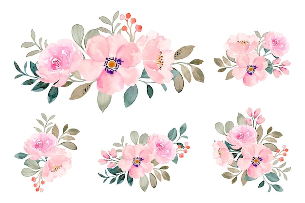 Gratis vector roze bloemstukcollectie met aquarel