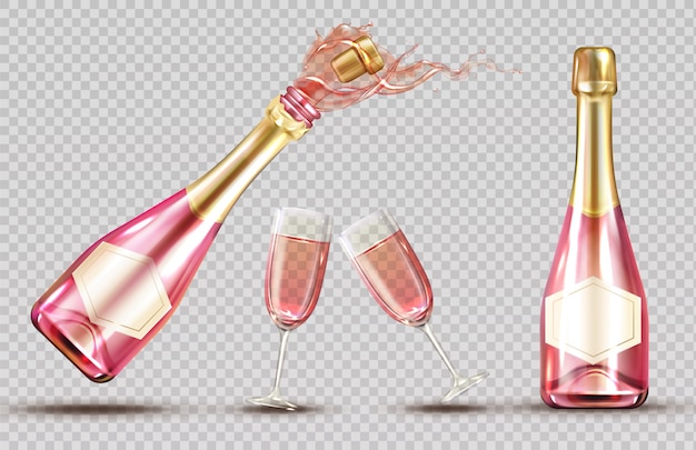 Gratis vector roze champagne explosie fles en wijnglas set