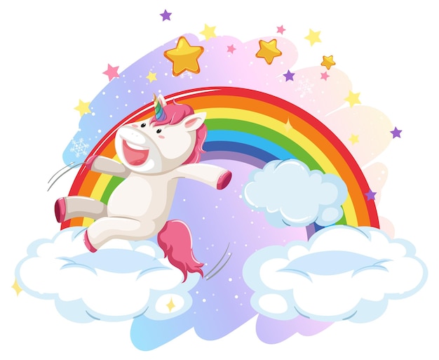 Gratis vector roze eenhoorn die op een wolk met regenboog springt