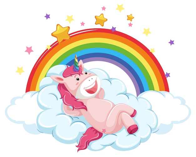 Roze eenhoorn liggend op wolk met regenboog in cartoonstijl
