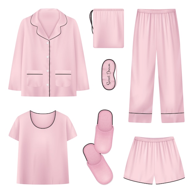 Roze en geïsoleerde realistische nachtkleding huis slippers sleeptime icon set met overhemd pantoffels broek illustratie