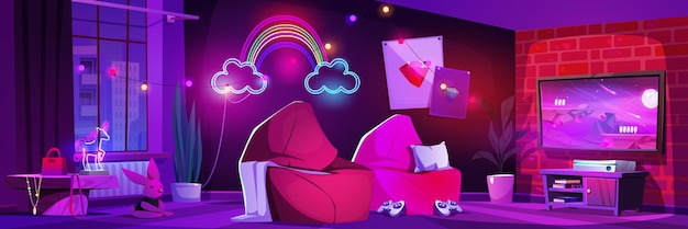 Gratis vector roze gamer kamer voor meisje 's nachts cartoon vectorillustratie girly video game lounge studio interieur met meubels en neonlicht paars online streamer huis met tv-console en poster