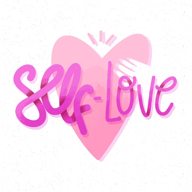 Gratis vector roze hart en hand zelfliefde belettering