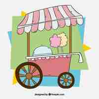 Gratis vector roze katoen candy cart met kleurrijke achtergrond