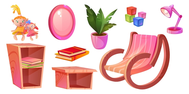 Gratis Vector roze kinderkamer interieur en meubels cartoon