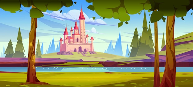 Roze magisch kasteel op groene heuvel aan de rivierkust met blauwe waterspiegel op zomerdag Fairytale paleis onder bewolkte hemel en sparren rond Fantasy middeleeuwse architectuur Cartoon vectorillustratie