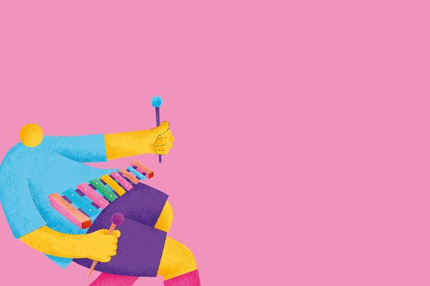 Roze muzikale achtergrond vector met xylofonist muzikant platte afbeelding