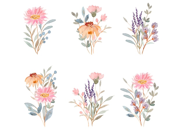 Roze paarse bloemen boeket collectie met aquarel