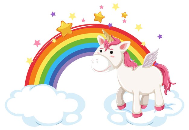 Roze pegasus staande op een wolk met regenboog