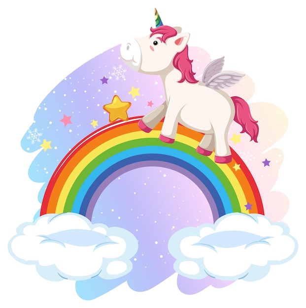 Gratis vector roze pegasus staande op regenboog in cartoonstijl